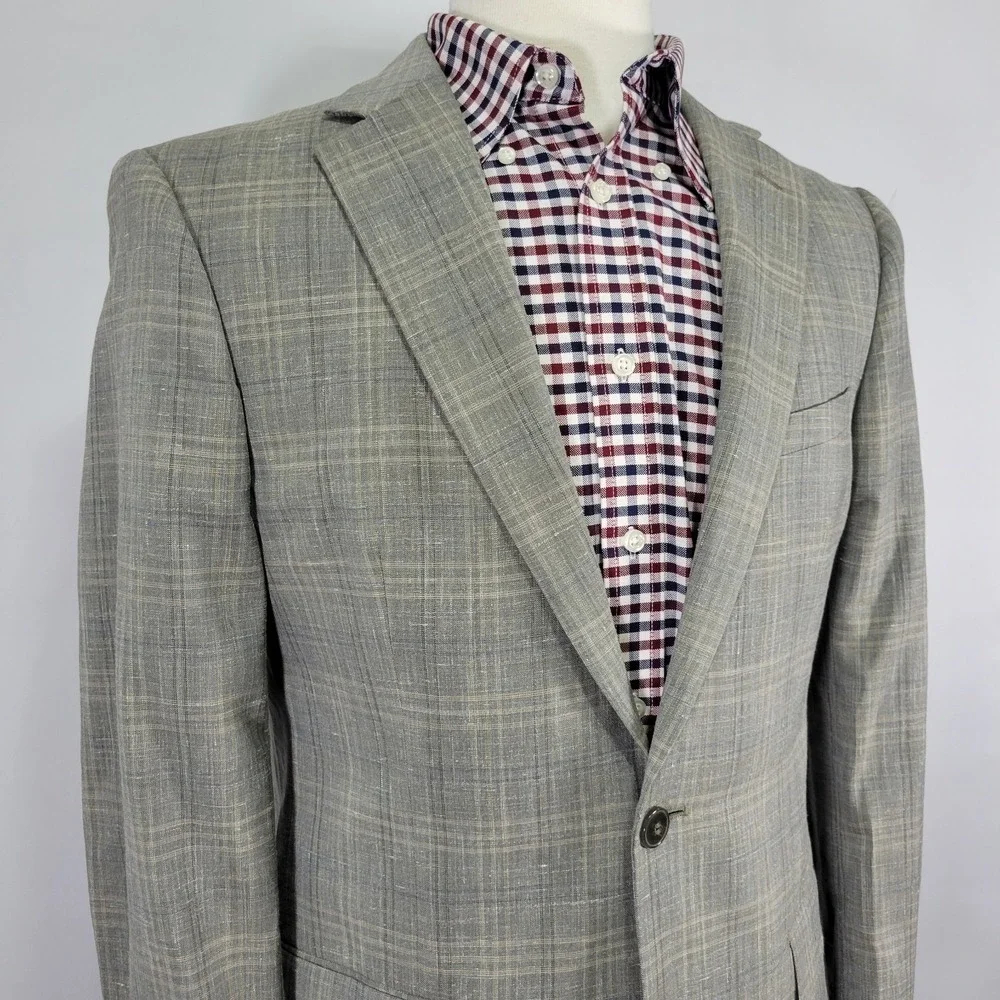 Calvin Klein Men's Sport Coat Blazer Gray Plaid Wool Linen Poly Extreme Slim 40R